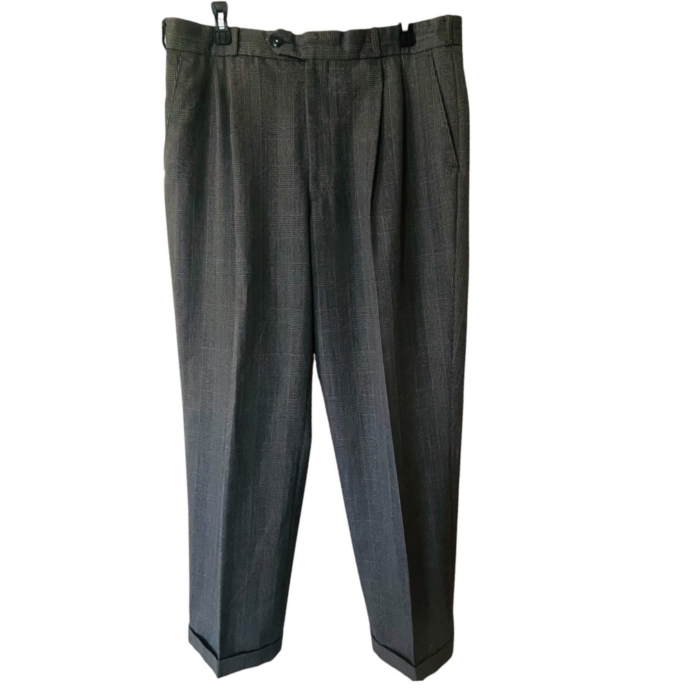 Cellini Dress Pants Mens 37R Plaid Wool Blend Pleated Cuffed Formal Business